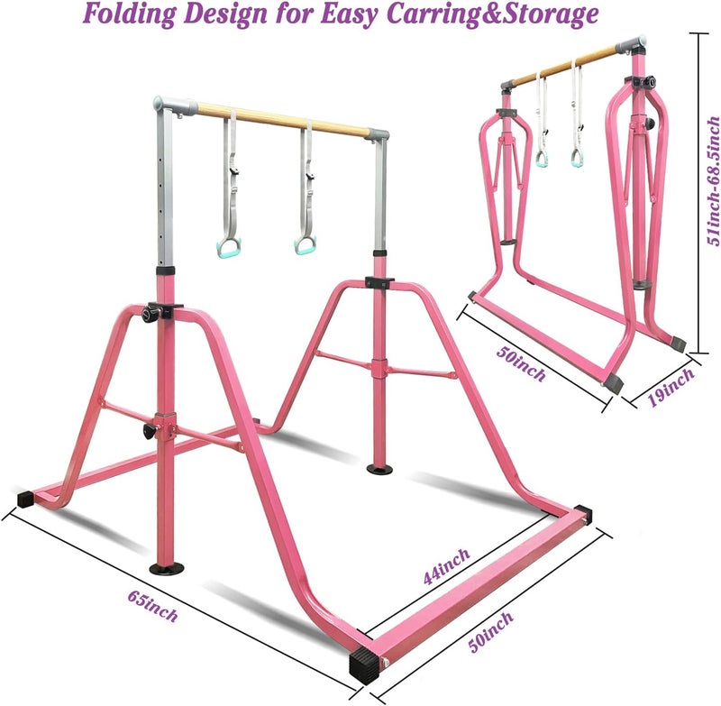 GLANT Gymnastics Bar for Kids with Rings Set, 7 Heights Adjustable Easy Folding Gymnastic Training Bar Kids Monkey Horizontal Bars - Max Load 300LBS - Image 5